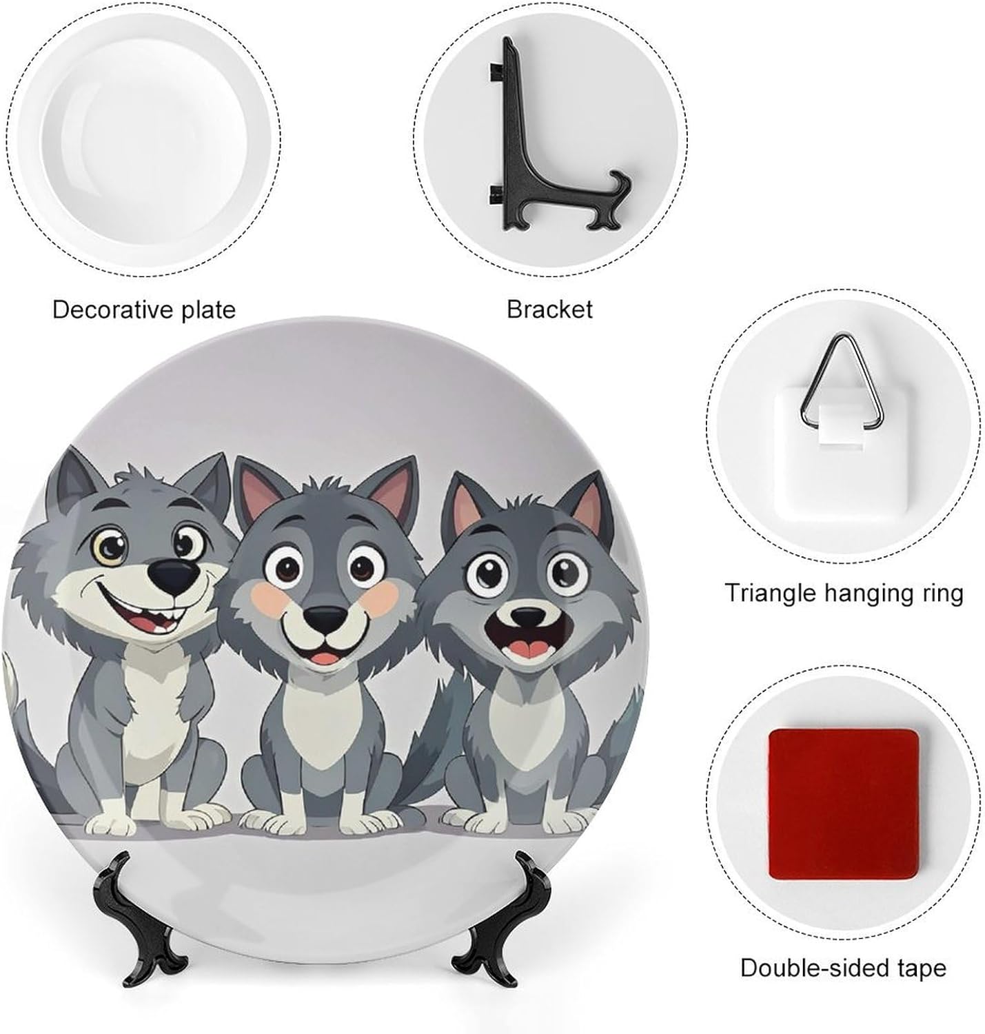 Wolfs Decorative Ceramic Plate Round Porcelain Plate Decor Personalized Bone China Decorative Plates Ceramic Ornaments Dessert Plates with Display Stand 8inch