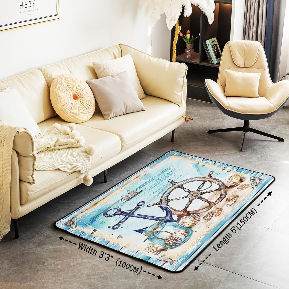 Anchor Rudder Area Rug 3x5 Coastal Sea Shell Rug for Girls Boys Kids Adult Adventure Sailing Boat Carpet for Living Room Farmhouse Wooden Non Slip Washable Decorative Rug