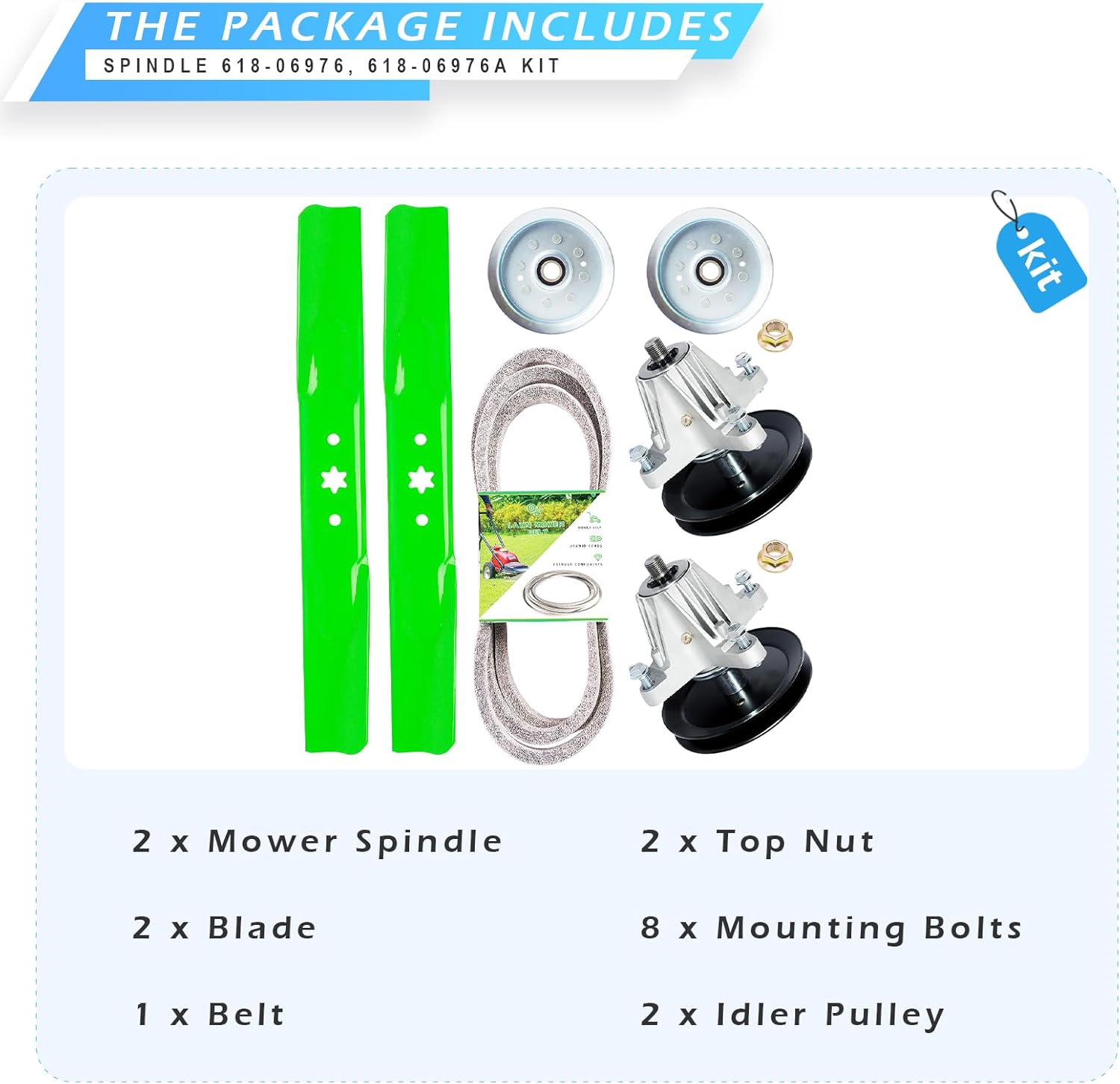 Mower Deck Rebuild Kit Fits for 42" Deck Compatible with M TD Cub Ca det Cra ftsman XT1 LT42 T8000 XT2 LX42, Includes 2 Spindle 618-06976 918-06976, 2 Blade 742-04308, 1 B elt 754-05021 and 2 Idler