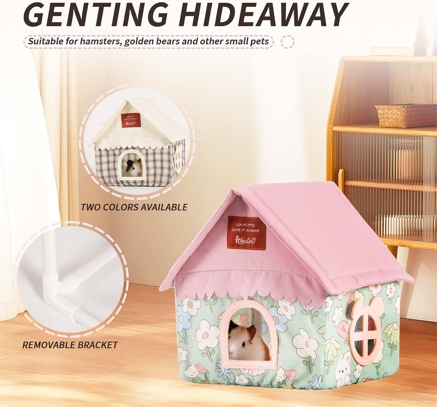 Hamster Hideout Hamster House & Rat Hideout with Removable Bracket, Breathable Small Animal Bed for Hamsters, Golden Bears - Easy Clean, No Bottom Design, 10.43” L x 9.25” W x 7.48” H (White)