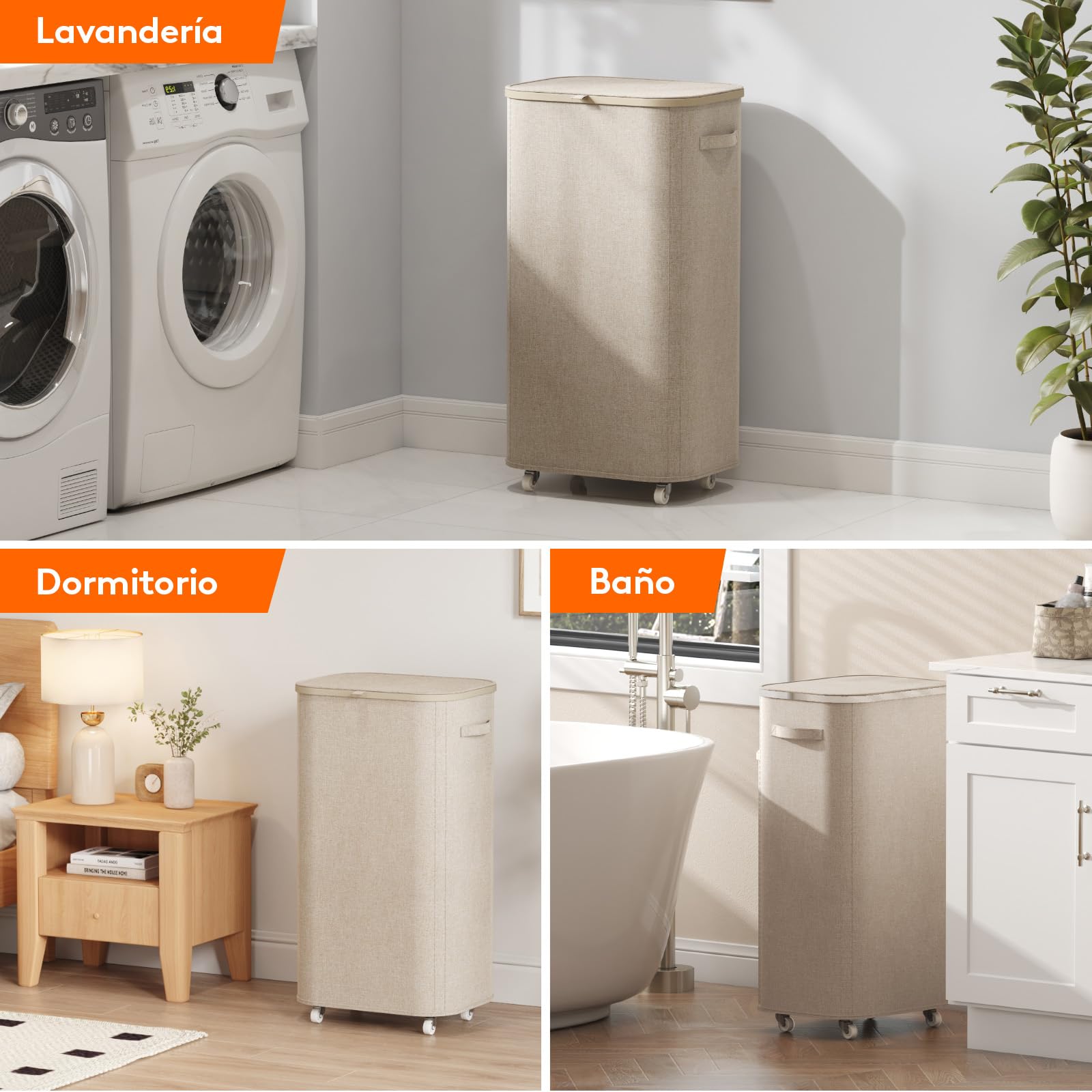 Lifewit Cesto Ropa Sucia con Tapa y Ruedas, Cubo Ropa Sucia Plegable con Bolsa Extraíble, Laundry Basket para Dormitorio, Baño y Lavadero, 105L, Beige