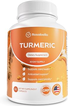 Rosabella Turmeric Curcumin Supplement Organic Turmeric Supplement with BioPerine & Ginger, Turmeric Capsules for Joint Comfort, Mobility & Antioxidant Wellness 60 Count Pack of 1
