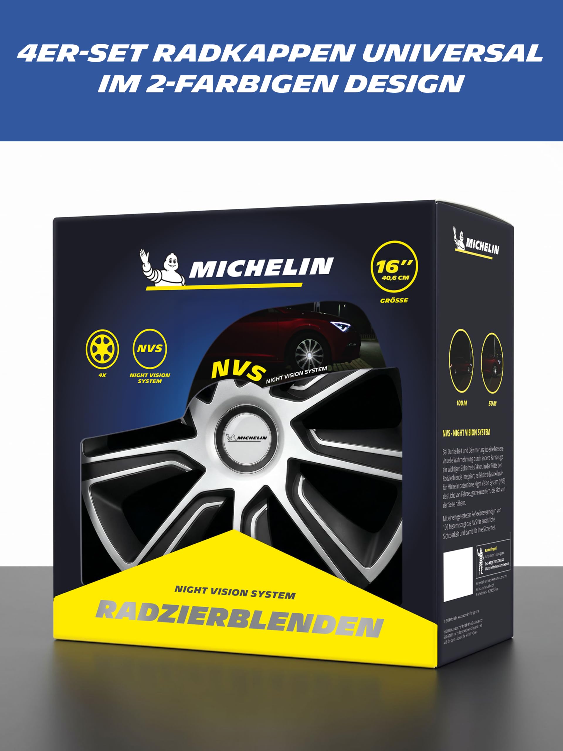 MICHELIN MX-LBS uniwersalne kołpaki ozdobne, 4 sztuki, do samochodu, tworzywo sztuczne ABS, kolor czarny/srebrny