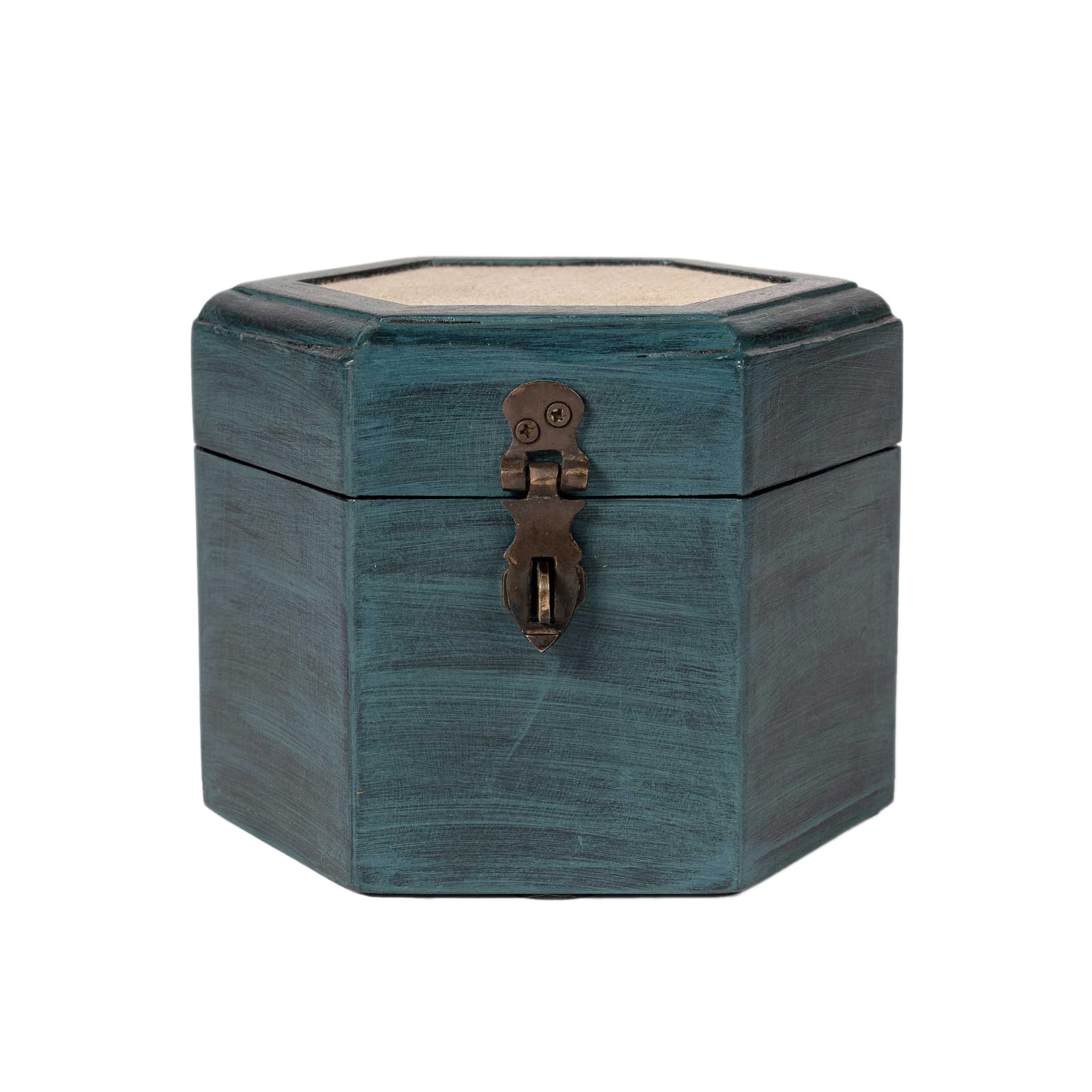 CONTRAST LIVING Majiri Blue Wooden Hand Painted Vintage Decorative Box Jewelry Box (Antique Blue, Fabric Colour-Beige, Hexgon) (M)-image-8