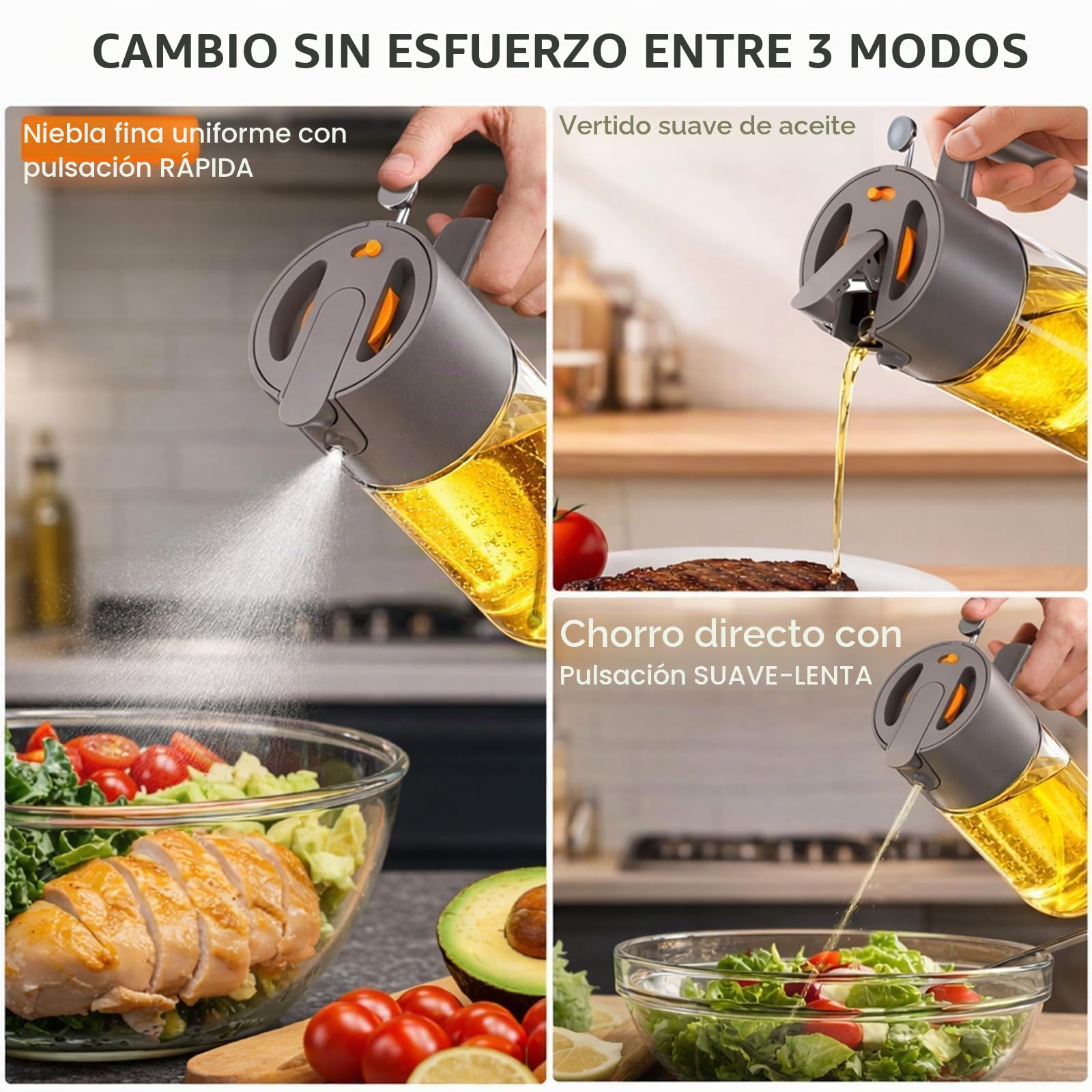 Costop Pulverizador profesional de aceite de vidrio de 500 ml, herramienta de cocina 3 en 1: niebla fina, flujo y vertido, diseño a prueba de fugas para freidora de aire, barbacoa y cocina, sin BPA