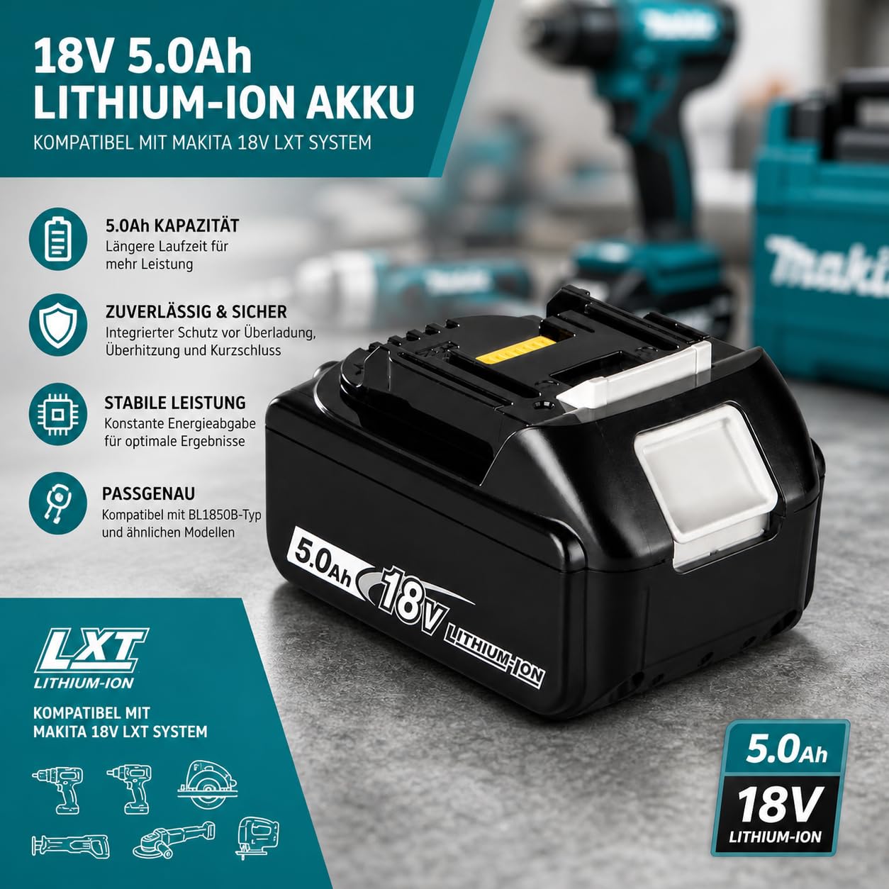 18V 5.0Ah Akku kompatibel mit Makita LXT – BL1850B Li-Ion Ersatzakku mit LED Anzeige – Lange Laufzeit & Starke Leistung