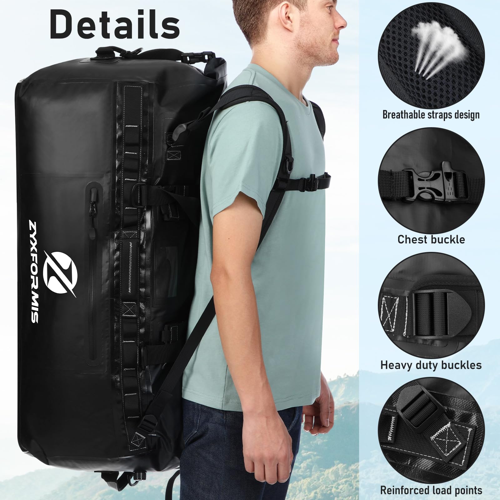Sac de Voyage Étanche avec Fonction Sac à Dos, Sac de Sport pour Les Vacances à La Plage, Grand Sac à Dos Étanche pour Le Kayak, Navigation, Randonnée, Pêche, Camping, L'Aventure, 65 L/110 L/160 L
