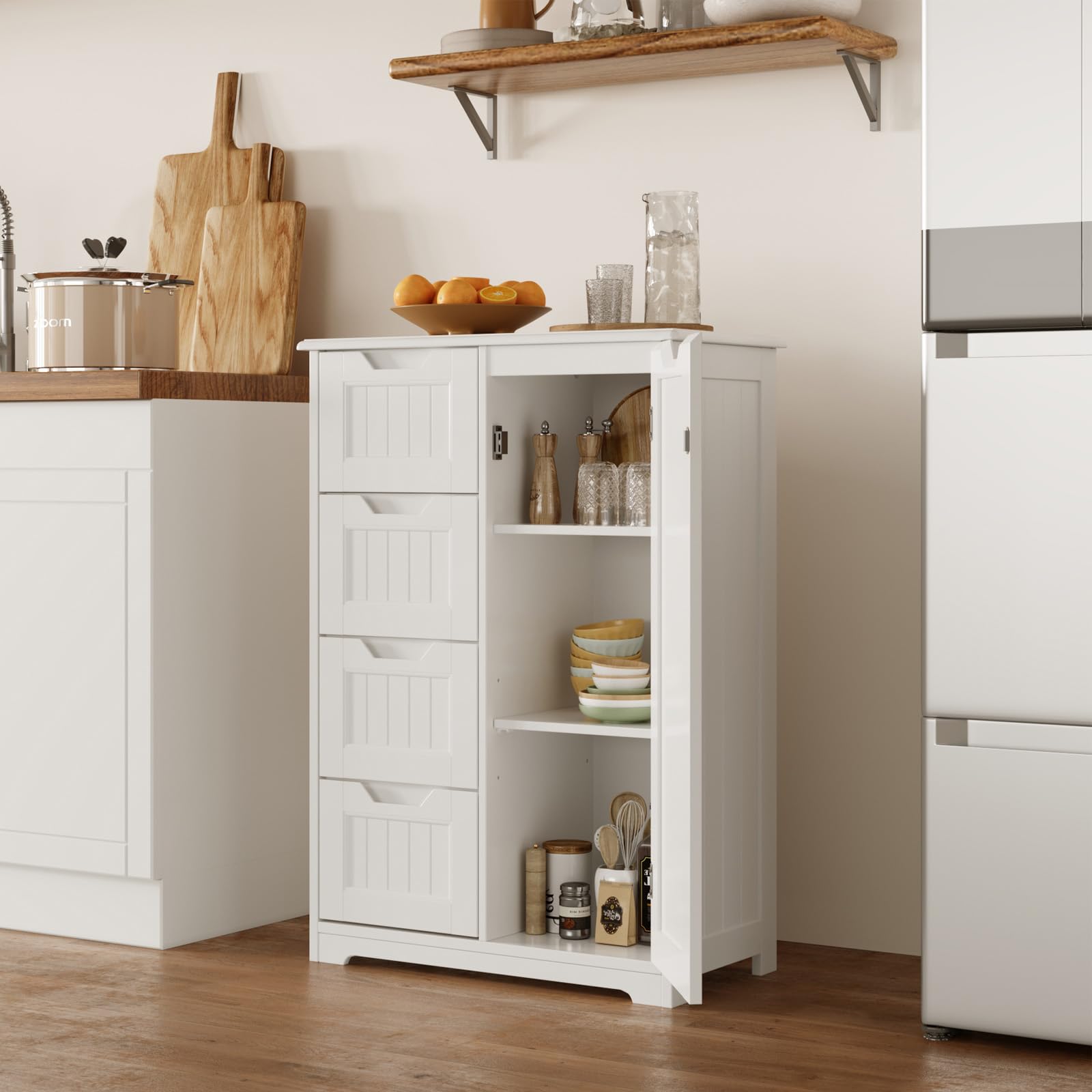 Bealife Aparador de Cocina, Mueble de baño con 4 cajones y 1 Puerta, aparador con estantes Ajustables para Cocina, baño, salón y Dormitorio.30 x 60 x 85cm(Blanco)