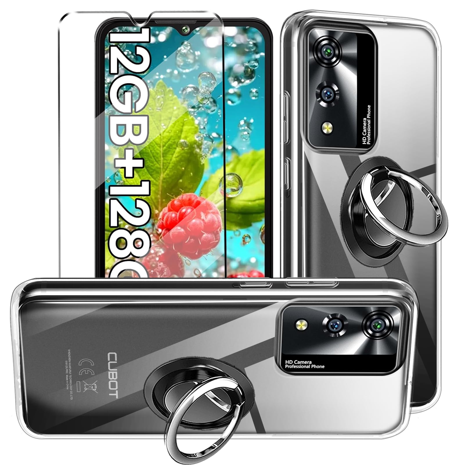 HuiYouMY 3-in-1 Case + Phone holder Ring Compatible with CUBOT A10 Cover with 1 Pack Tempered Glass Screen Protector for CUBOT A10, Slim Fit Soft TPU Shockproof Anti-Scratch Phone Case Cover - Clear