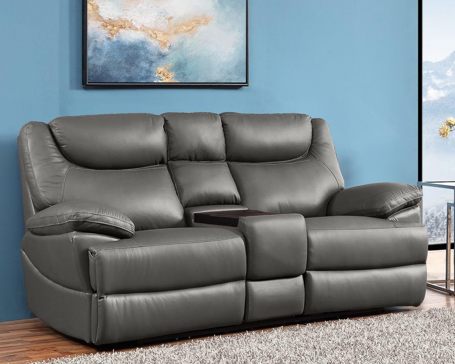 Mapo 3581 2-Sitzer Kinosofa elektrisch verstellbar | Heimkino Relaxsofa aus Comfort Leder mit Cupholder & Ablagefach | Fernsehsessel, Vollleder, bis 160 kg pro Sitz | Grau-Braun (Leder)