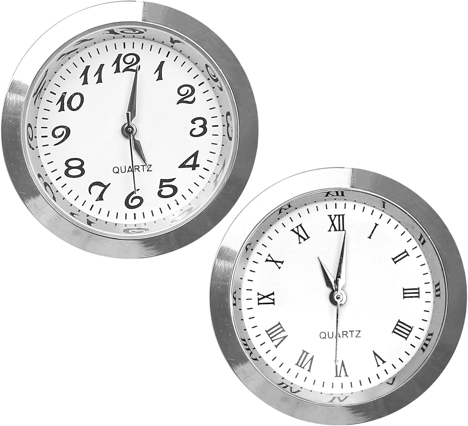 2PCS Clock Face Insert Replacement Mini, Fit 35mm (1.38") Hole Diameter, Round Crystal Inner Clock Roman Numeral Quartz Movement Miniature Metal Silver Bezel Supplies for DIY Repair Craft Easy Read, B