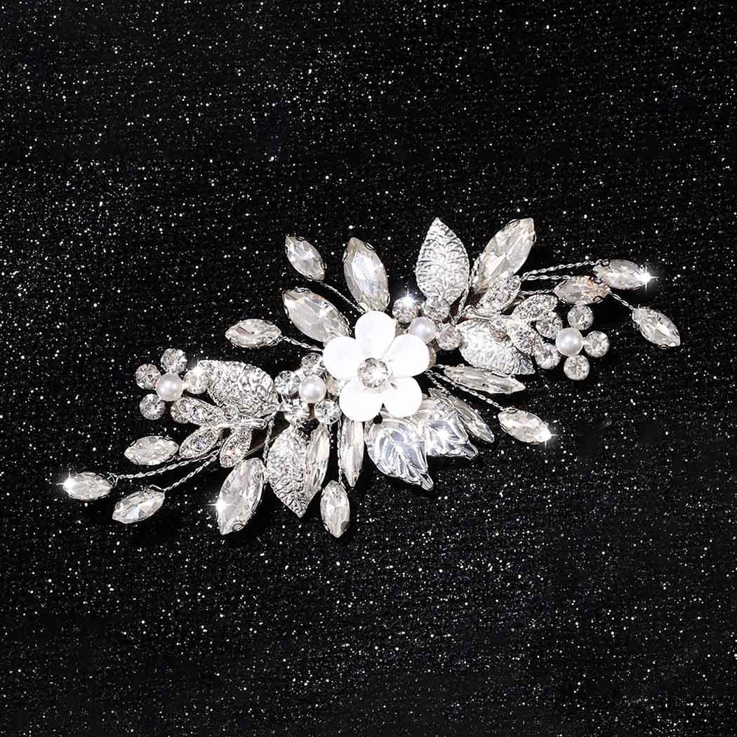 Jeairts Flower Rhinestone Wedding Hair Barrette Silver Floral Bridal Hair Accessories for Women - Image 2