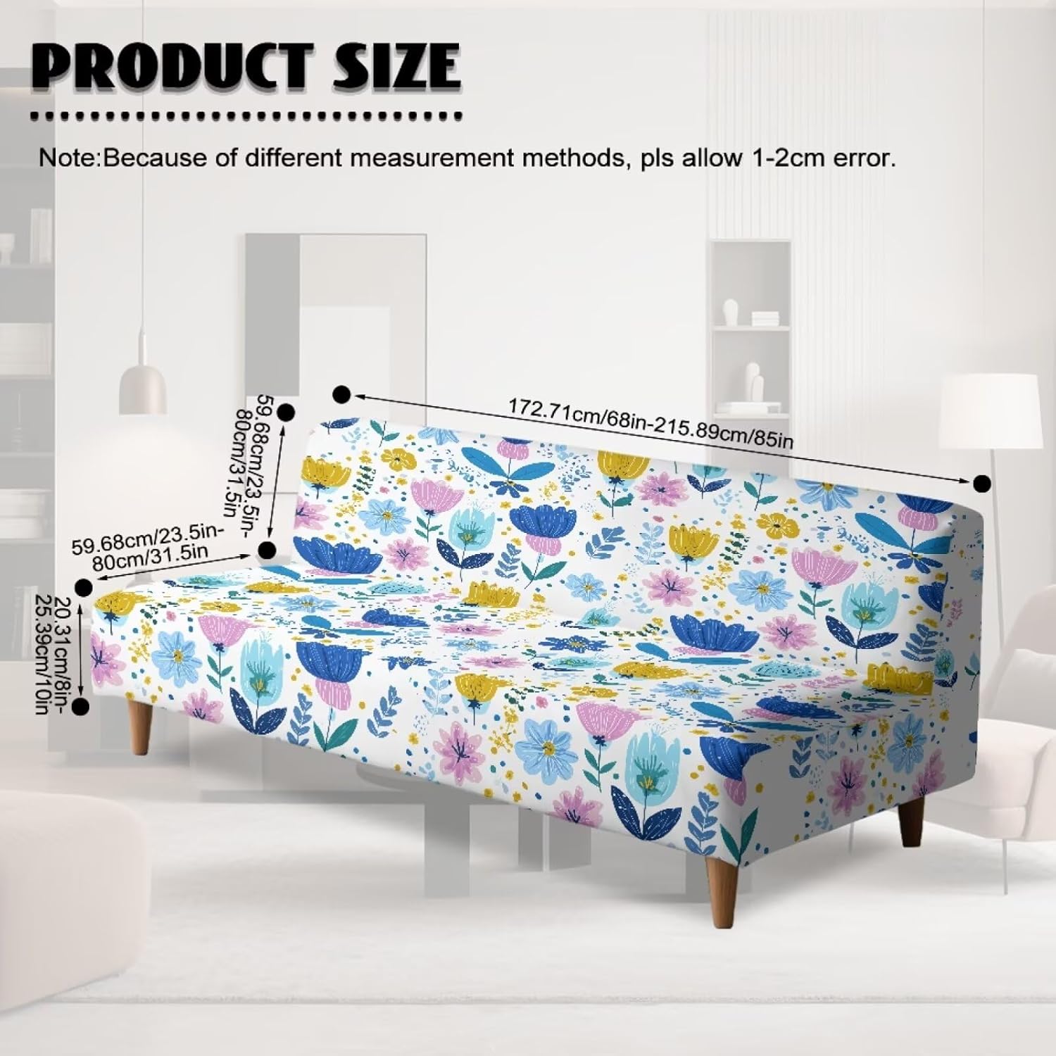 Armless Futon Sofa Cover Stretchable Futon Slipcovers Stretch Armless Sofa Couch Slipcover Furniture Protector for for Living Room Bedroom Decorations, Blue Flower