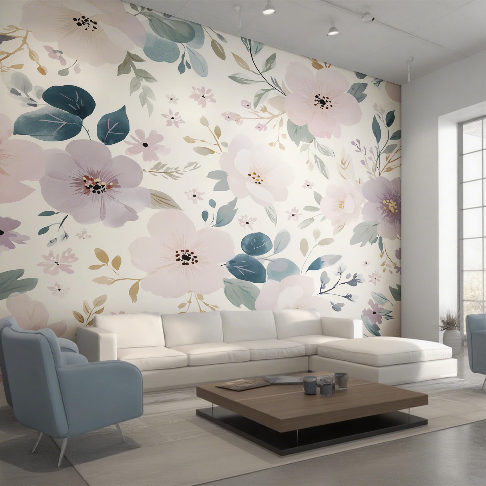 Papier Peint Panoramique Floral Aquarelle 450x315, Fresque Murale Fleur Botanique Intissé Salon