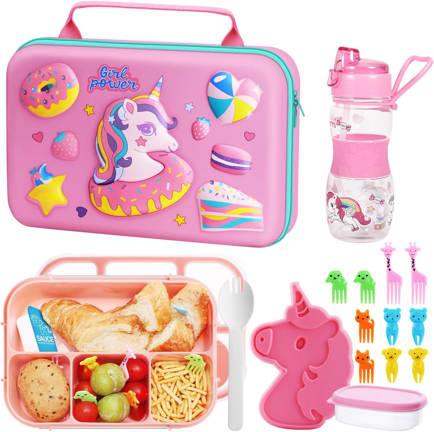 Unicorn Lunch Bag and Lunch Box Set for Girls, Kids Insulated School Lunch Bag with Water Bottle, Pink Childrens Bento Box with Lunchbox Accessories/Sauce Pot/Ice Pack,Perfect Gifts for Girls Age 5-15