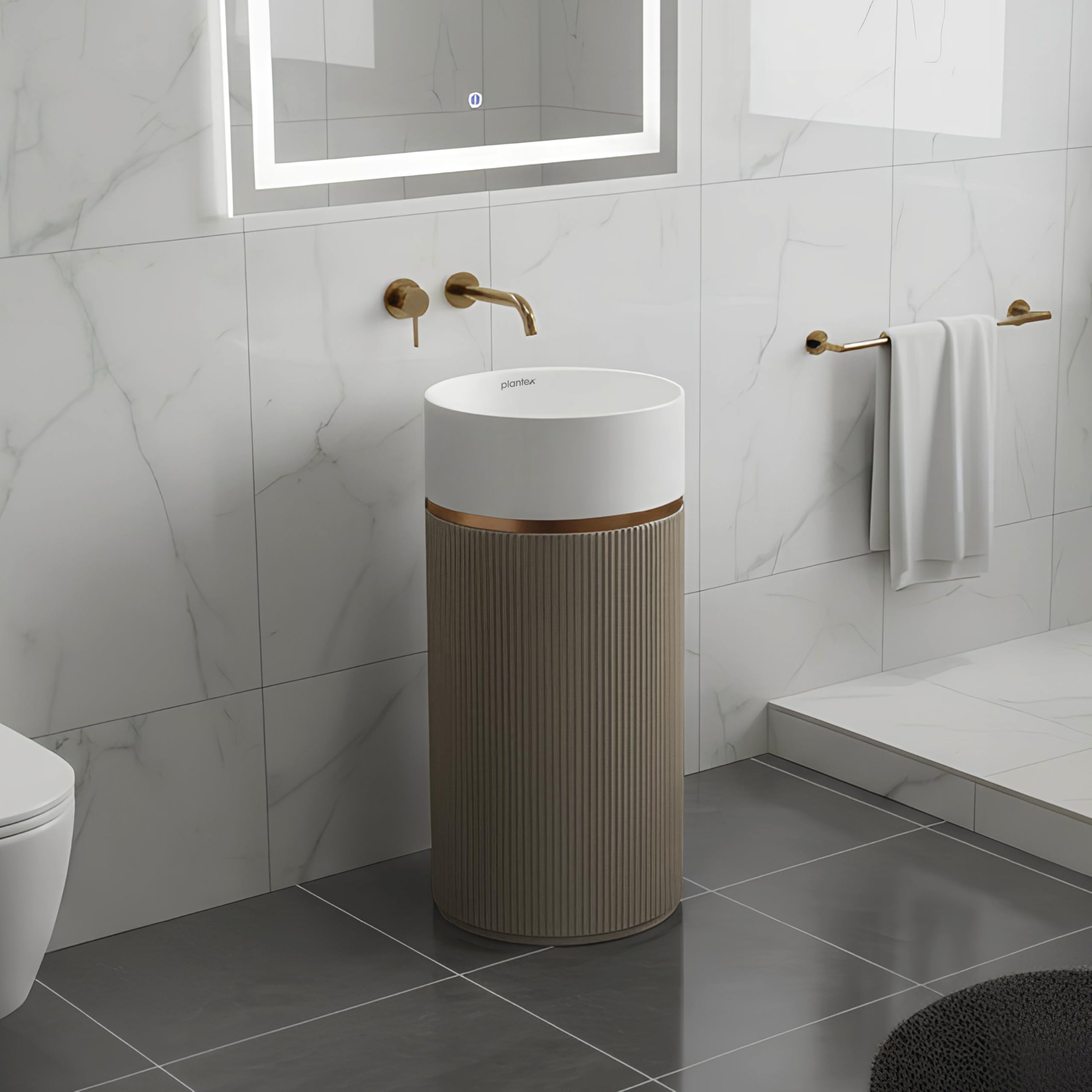 Plantex Pedestal Wash Basin/Acrylic Resin & Quartz Free Standing Wash Basin/Round Basin for Bathroom/Home/Office/Restaurant- (10034, White & Coffee)