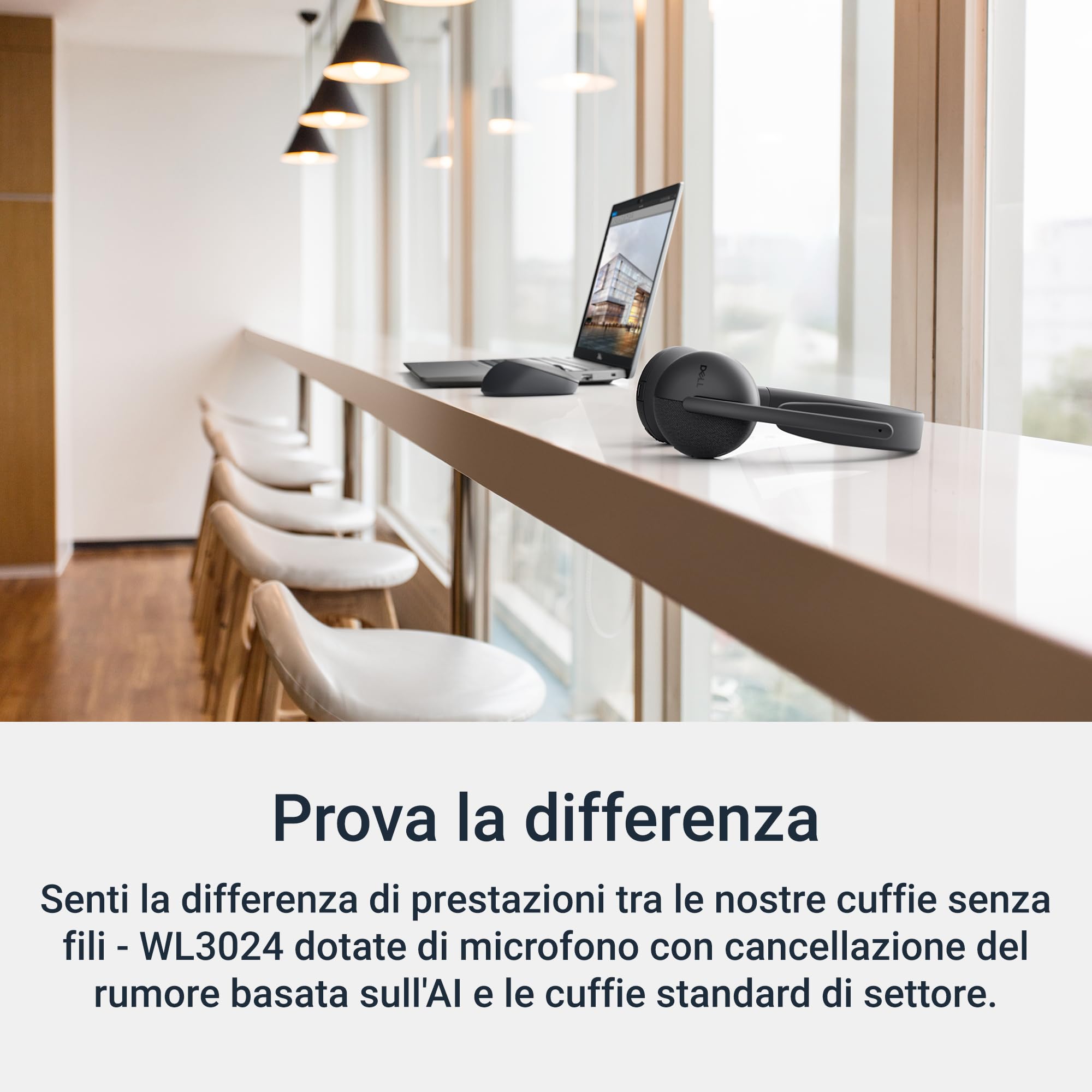 Dell WL3024 Cuffie Senza Fili – Microfono con Cancellazione Rumore AI, Audio Stereo, Connettività Multi-Link, Certificazioni Microsoft Teams e Zoom, 41 Ore di Autonomia