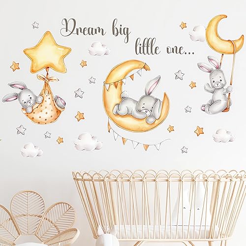Calcomanías de pared con diseño de conejito dormido, diseño de luna y estrellas de sacinora con diseño de conejito dormido, vinilo extraíble para