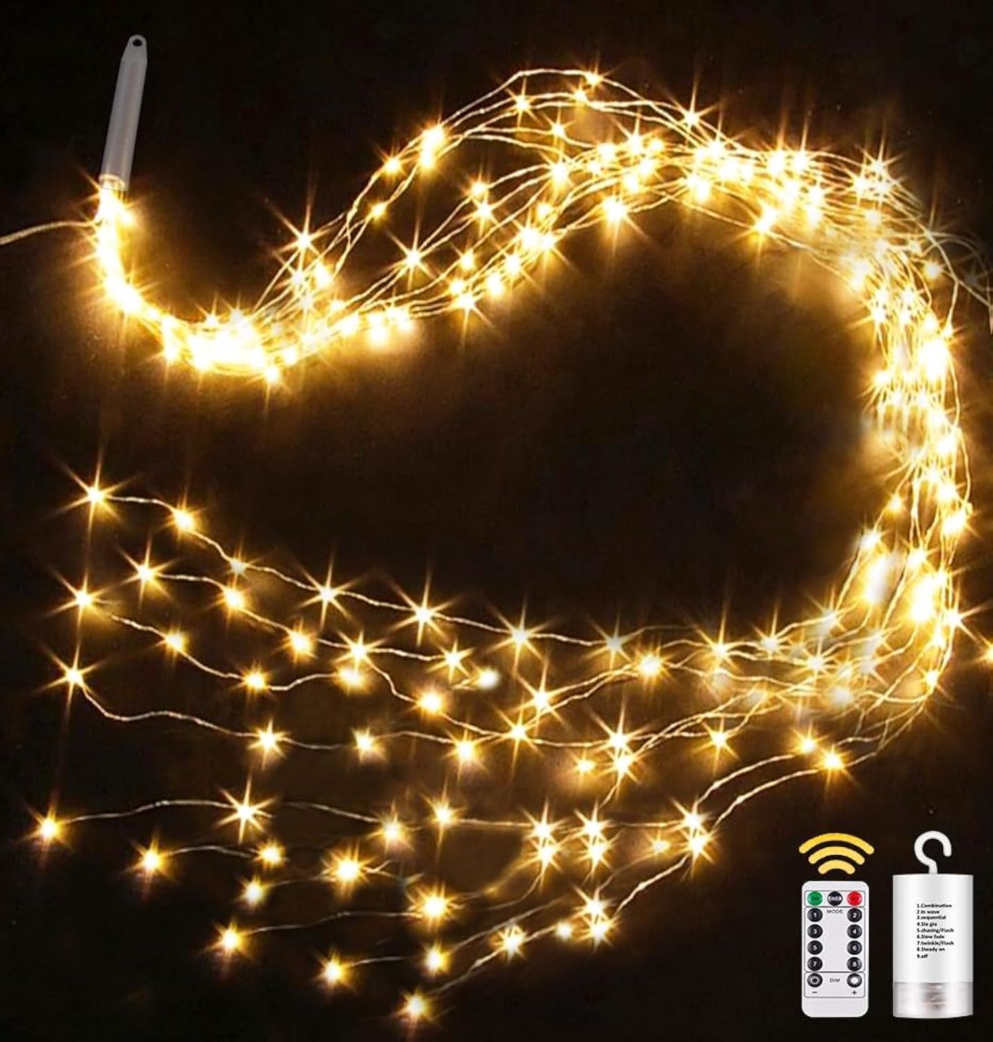 yowin Guirnalda Luces Pilas,Cadena de Luces 1M 100 LED, Luces Navidad para Navidad,IP65 Alambre de Cobre Guirnaldas Luces