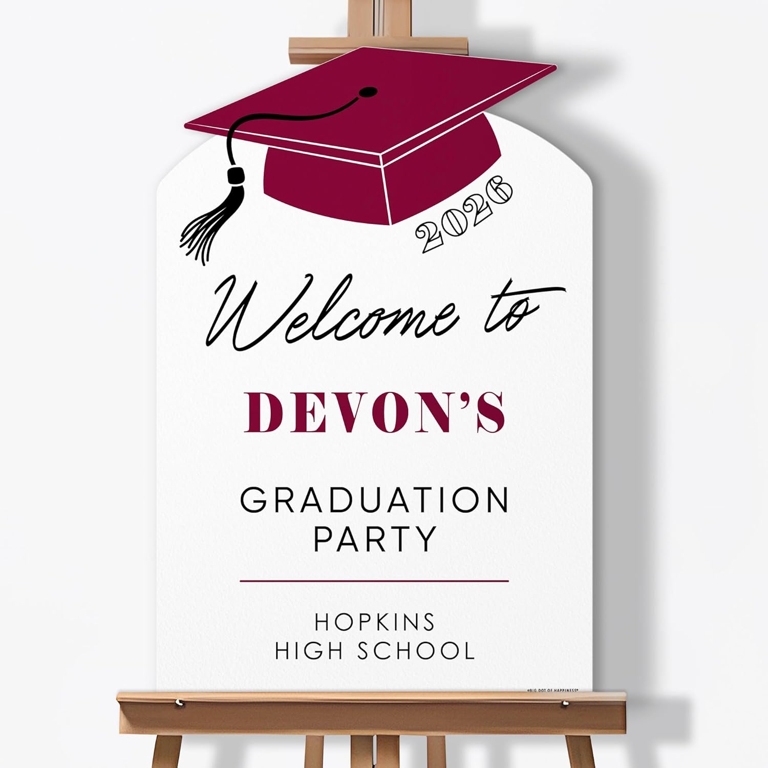 Big Dot of Happiness Personalized Maroon Graduation Welcome Sign, Class of 2026 Custom Burgundy Grad Party Tabletop Signage, Premium Matte Plastic Board, 11 x 17 inches