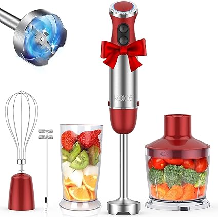 KOIOS Powerful 500 Watt Hand Blender Setting 6-12 Variable Speeds,4-in-1 Immersion Blender Includes Food Processor, BPA-Free Beaker and Stainless Steel Egg Whisk - Rose Red