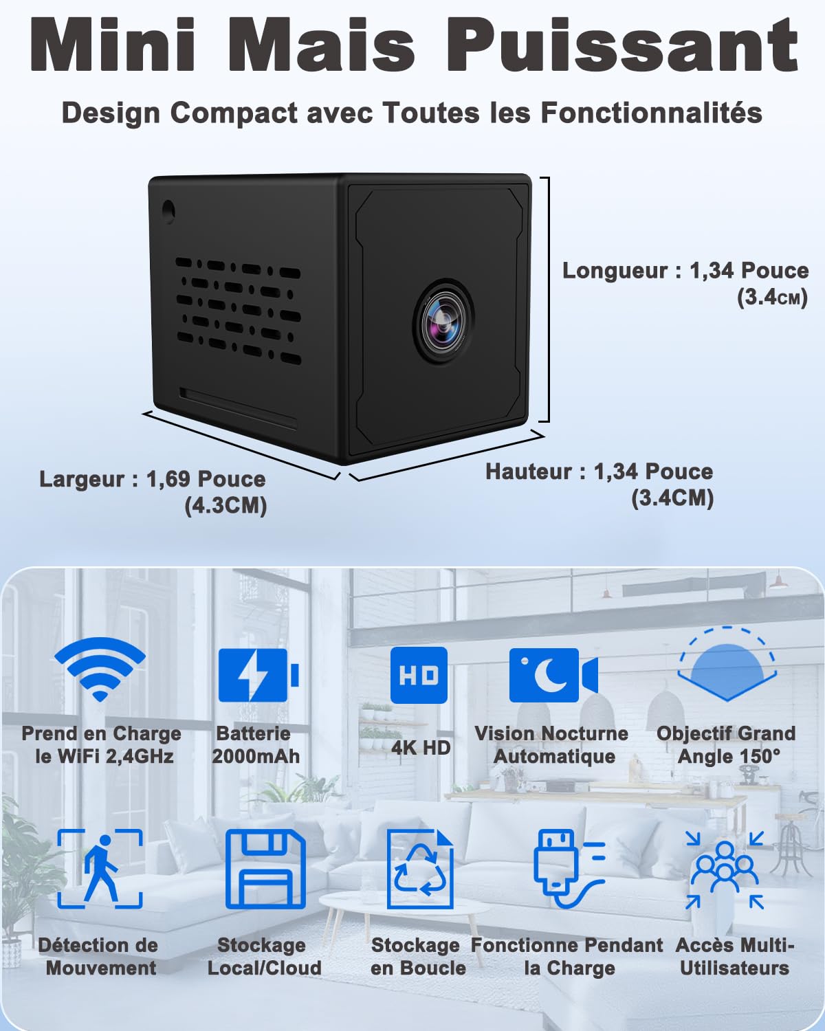 Camera Espion, 4K FHD Mini Camera Espion sans Fil avec Carte Mémoire de 64 Go, WiFI/Sans WiFI Camera de Surveillance Interieur/Extérieur, 2000mAh Batterie, Vision Nocturne, Détection Mouvement(Noir)