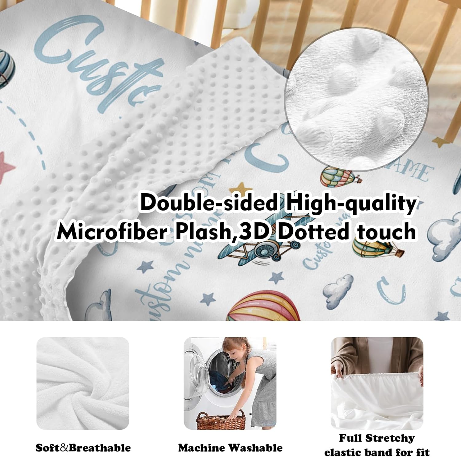 Personalized Crib Bedding Set for Baby Boys, Custom Name Baby Crib Sets 5-Pcs Include Toddler Double Layer Blanket Fitted Sheet Changing Pad Cover Rug Wall Art Set, Airplane Cloud Design Nursery Décor