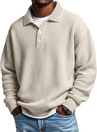 Mens Sweatshirt Casual Long Sleeve Waffle Shirts Lightweight Quarter Collar Sweatshirt Texture Knit Loose Pullover Tops