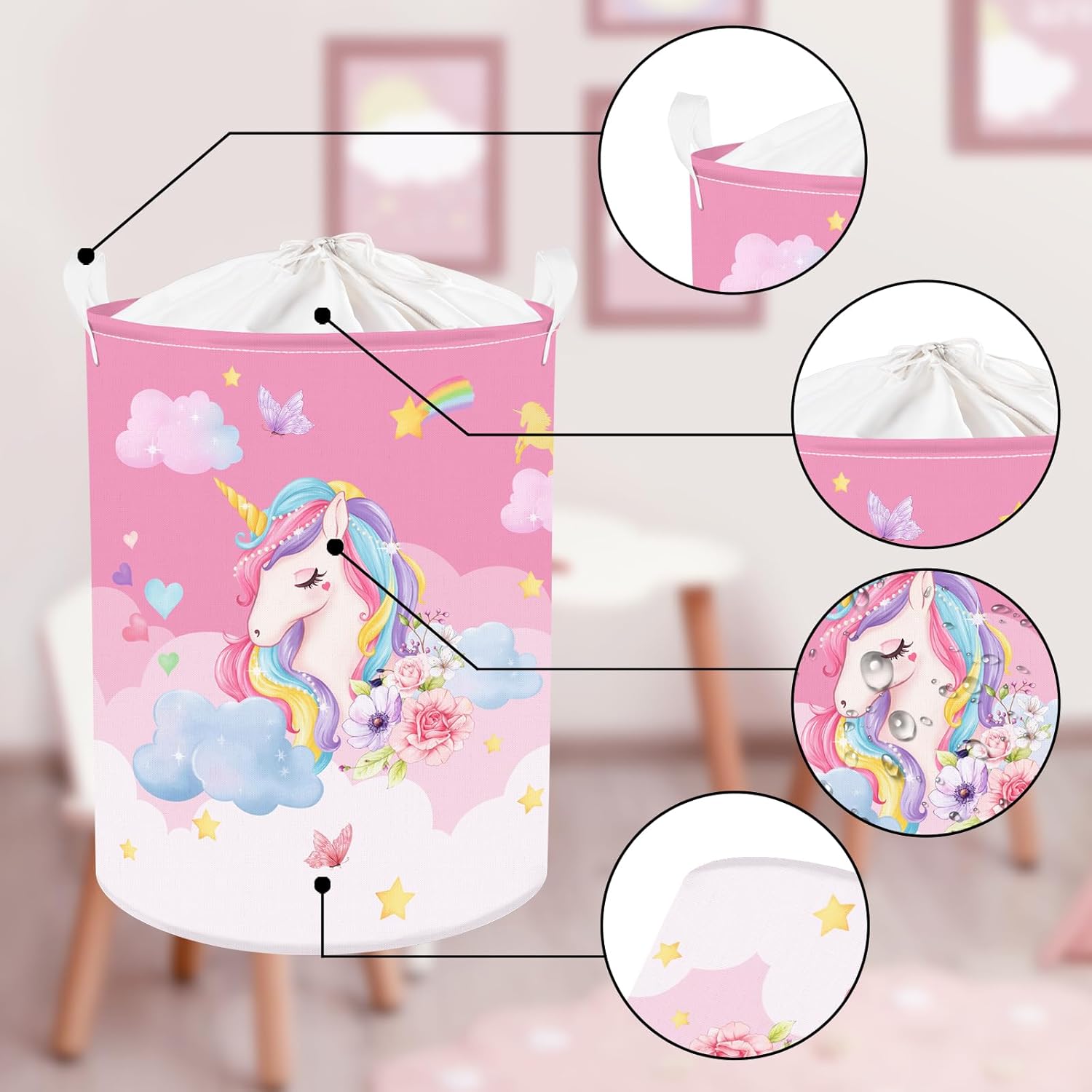 Clastyle 45L Pink Unicorn Laundry Basket for Girls Round Rainbow Kids Laundry Hamper Moon Stars Flower Cloud Toy Clothes Storage Basket