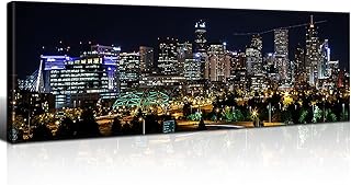 Colorado Denver Skyline Wall Art Black Night City Poster for Living Room USA Cityscape Wall Decor Denver Building Canvas Prints Modern Skyscraper Panorama Artwork Bedroom Office Home Decoration 14x48"
