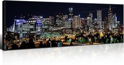 Colorado Denver Skyline Wall Art Black Night City Poster for Living Room USA Cityscape Wall Decor Denver Building Canvas Prints Modern Skyscraper Panorama Artwork Bedroom Office Home Decoration 14x48"