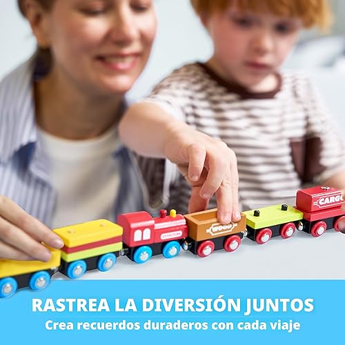 Miniatura 6 de Montessori - Juego de tren de madera para niños, 12 vagones magnéticos de tren con caja de regalo de almacenamiento, juguete educativo STEM para
