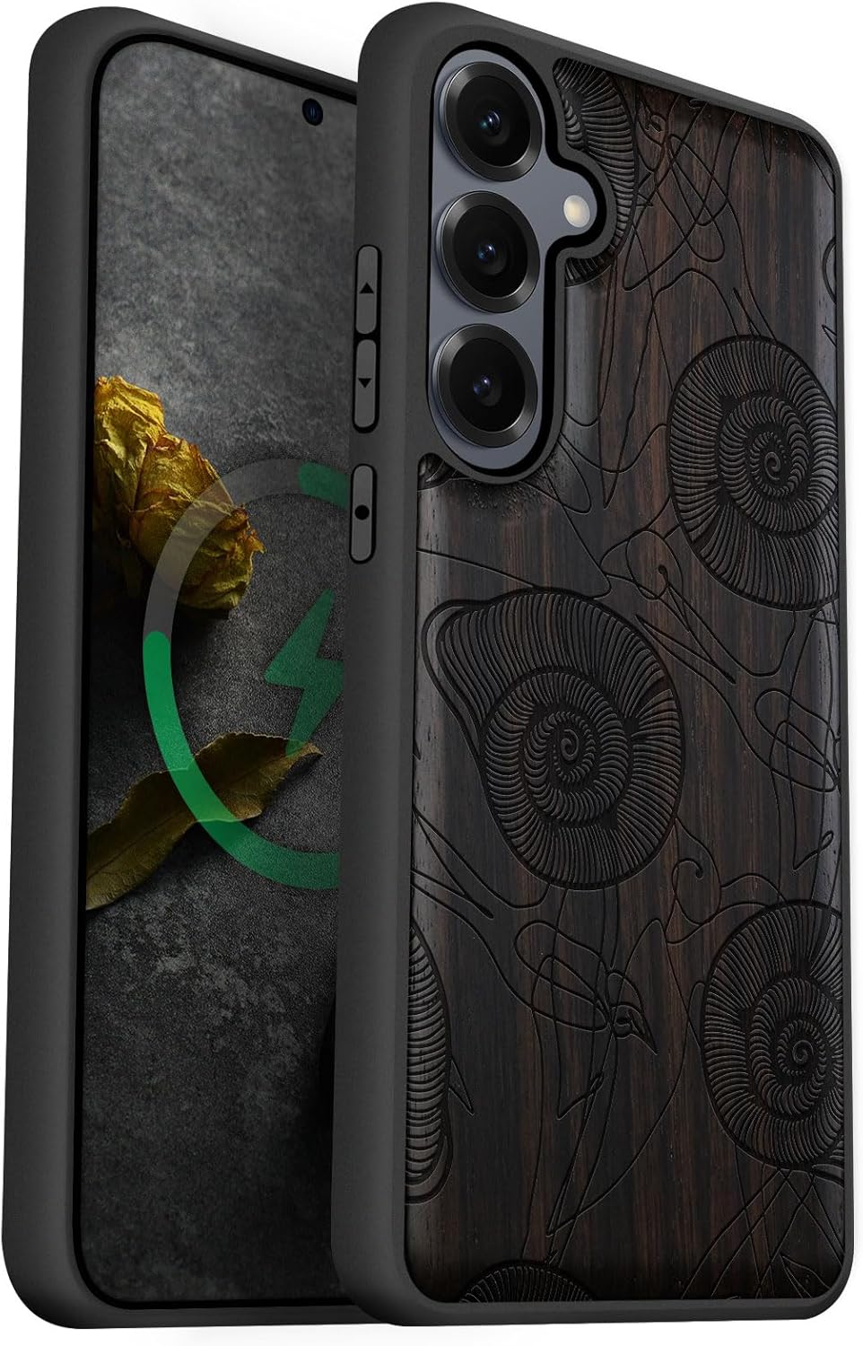 Carveit Magnetic Wooden Case for Galaxy S25+ Samsung S25 Plus Case, TPU Shockproof Cover & Wood Engraved, Compatible with MagSafe Wireless Chargers (Spirals of Nature's Harmony) Blackwood