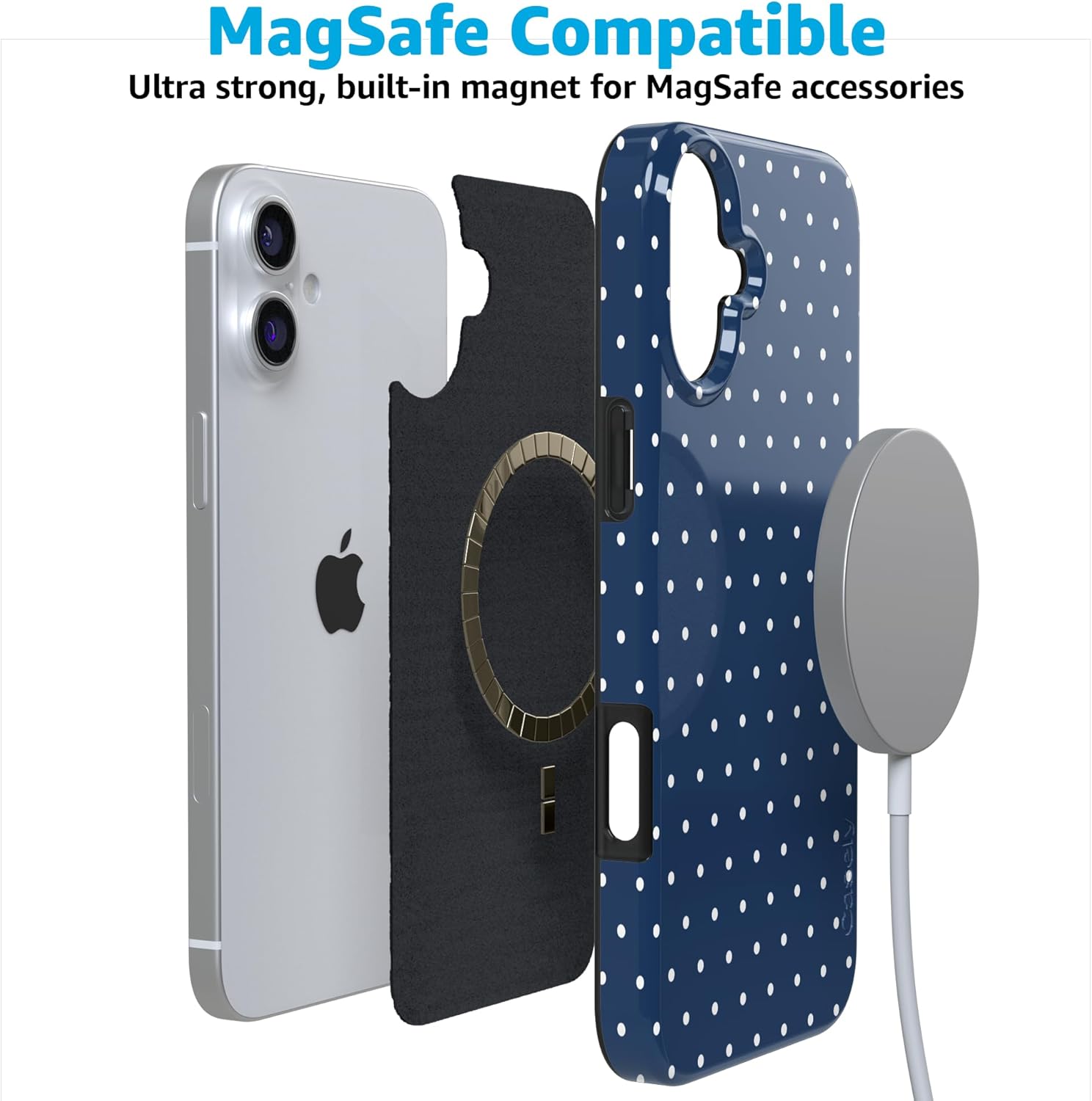 Casely iPhone 16 Case | On the Dot | Navy Polka Dot | Compatible with MagSafe | Classic Ultra Slim Design