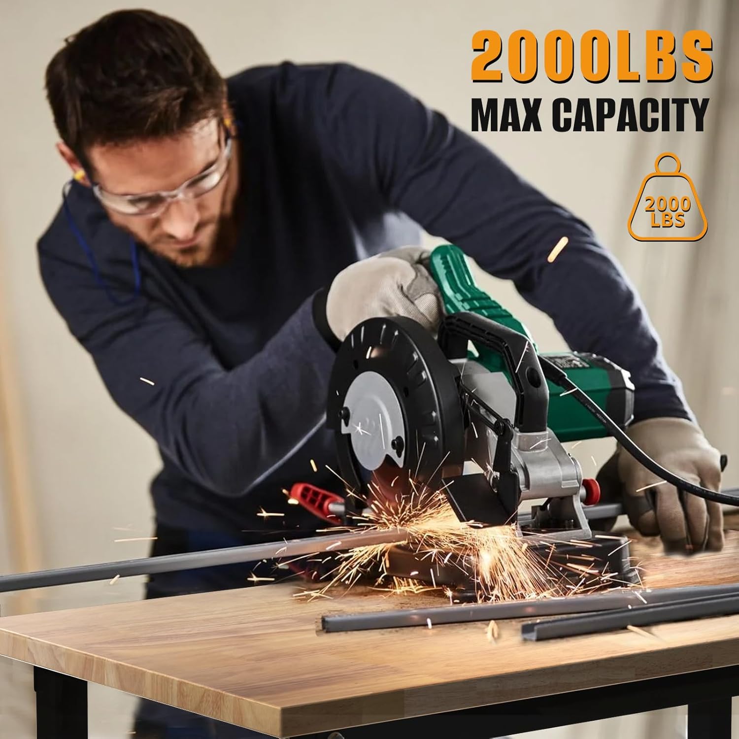 48" Adjustable Work Bench, Rubber Wood Top Workbench with Power Outlet, Portable Heavy-Duty Work Table for Garage, Workshop, Office, Home - 2000 lbs Capacity