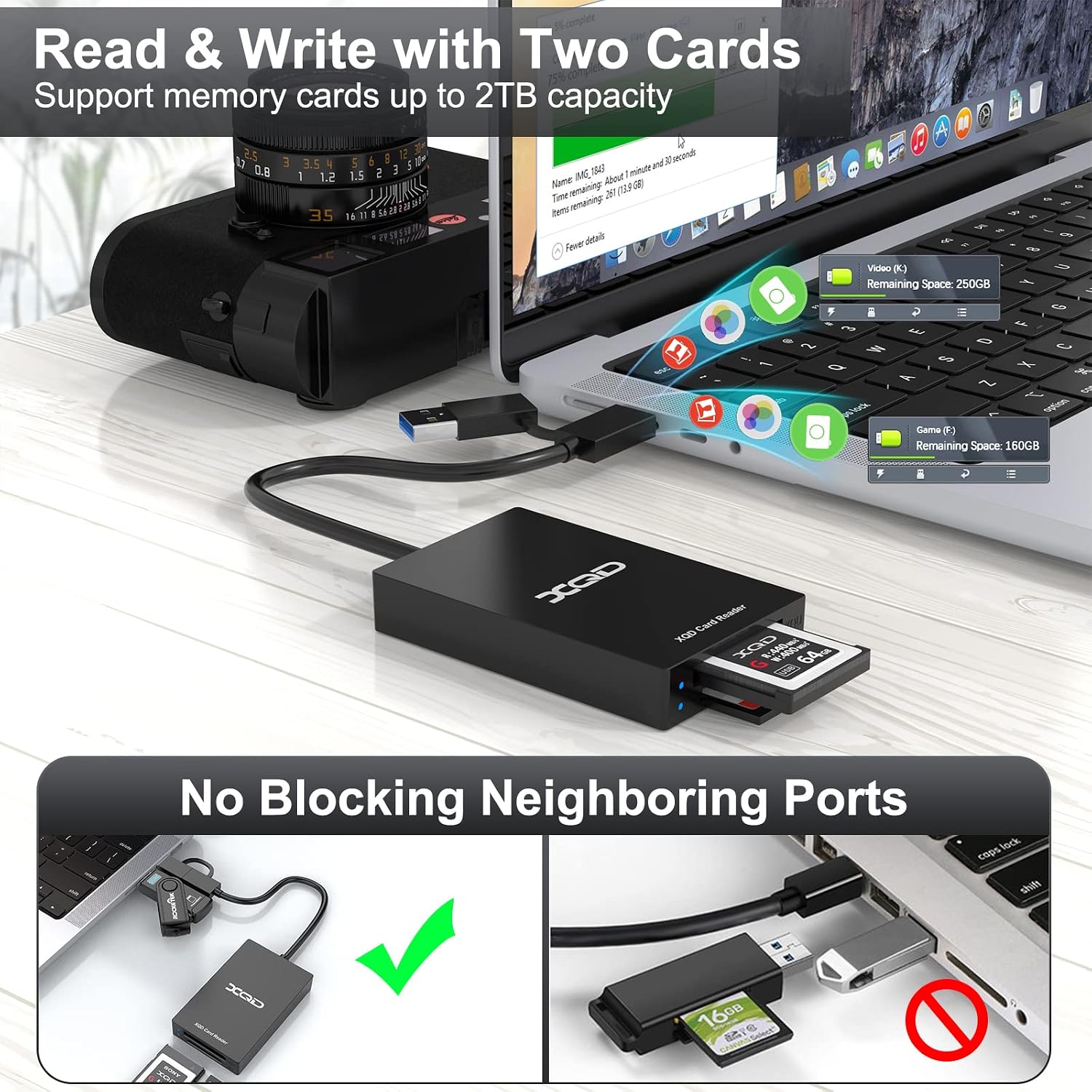 4-in-1 XQD SD Card Reader Dual-Slot Memory Card Reader, XQD Reader 5Gpbs Read 2 Cards Simultaneously Compatible with Sony XQD G/M Series, Lexar 2933x/1400x USB Mark XQD Card,SD/SDHC Card