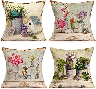 Fukeen Set of 4 Vintage Flower Throw Pillow Covers Cotton Linen Rose Lavender Decorative Pillow Cases Cushion Covers Rusti...