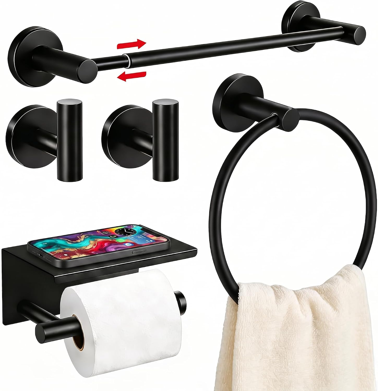 Tinecio 5-piece matte black bathroom accessories set with 24-inch towel bar and shelf toilet paper holder