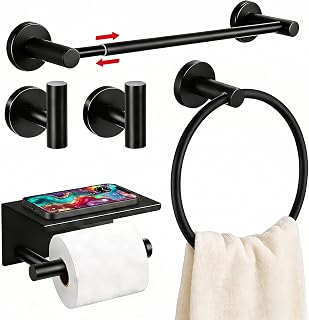 5Pcs Bathroom Hardware Set, Matte Black Bathroom Accessories Set with 24" Towel Bar, Upgraded Toilet Paper Holder with Shelf, Towel Ring & 2 Robe Hooks, Wall Mounted Stainless Steel Bath Hardware Set