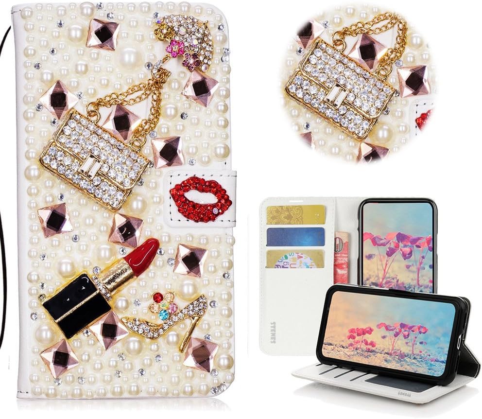 STENES Bling Wallet Case Compatible with Galaxy J8 - Stylish - 3D Handmade Crystal Girls Bags Lipstick High Heel Magnetic Wallet Leather Cover Compatible with Samsung Galaxy J8 6.0 Inch (2018) - Red