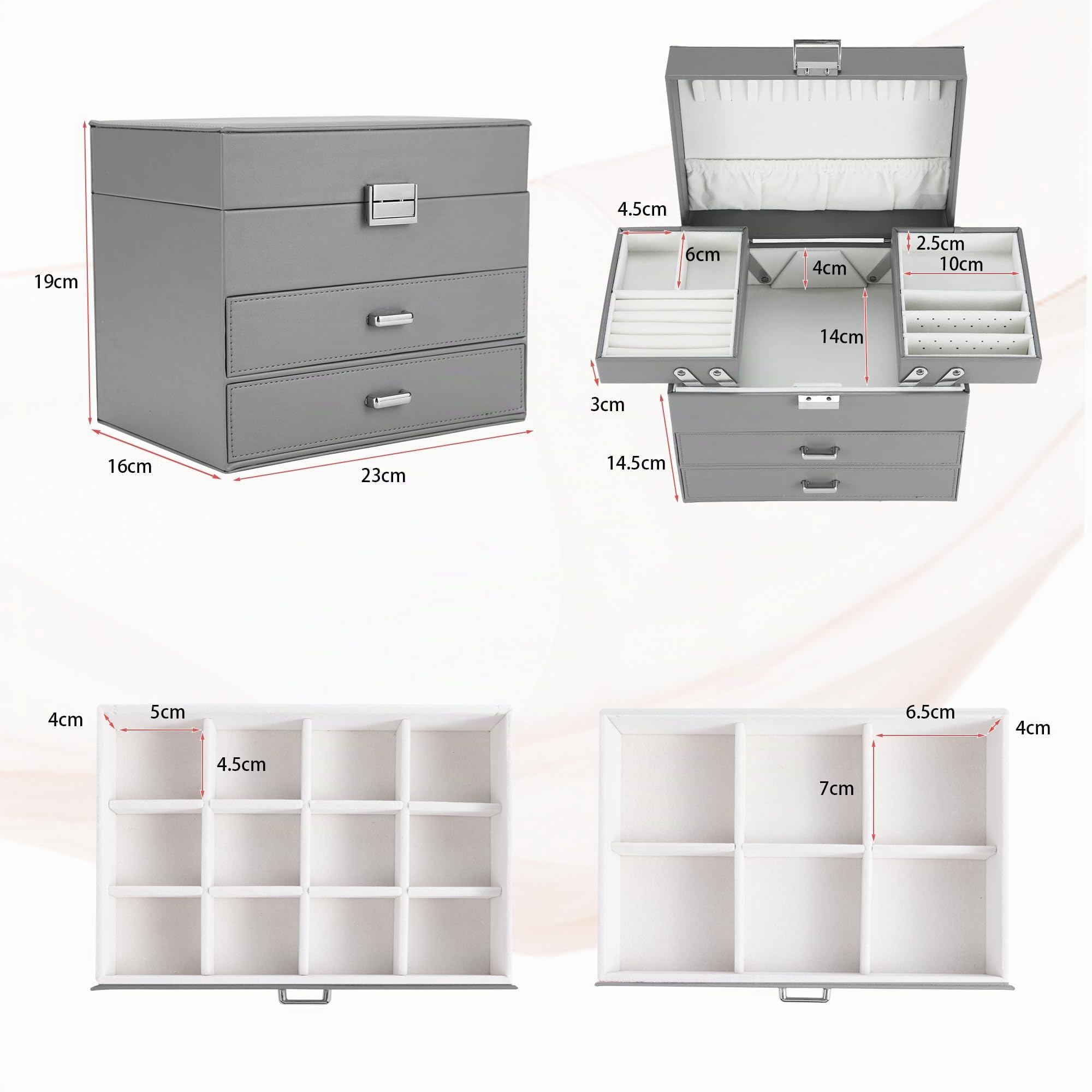 Dajasan Joyero, Joyeros Mujer Organizador, 4 Niveles Grande Joyero con 2 Cajón, PU Cuero Joyeros, Caja jewelry organizer de Anillos, Collares, Aretes, Relojes (Gris)