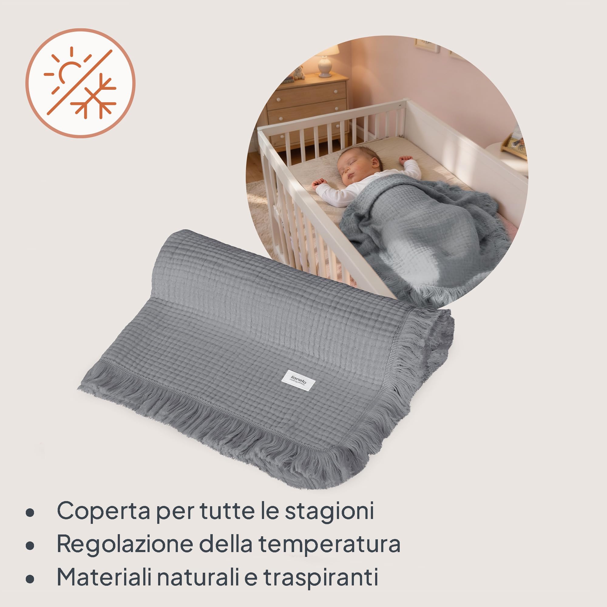 lionelo MUSLIN BLANKET Copertina Neonato in Cotone 100% Mussola, 70 x 100 cm, 6 Strati Morbida e Traspirante 4 Stagioni, Coperta Neonato per Carrozzina e Culla, Frange Rinforzate, Idea Regalo