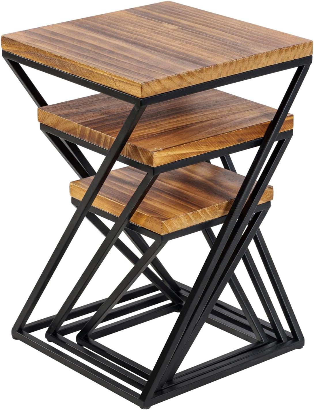 MyGift Rustic Burnt Solid Wood Square Pizza Riser Display Rack with Twisting Black Metal Legs, Nesting Dessert Cupcake Risers Cake Stand and Food Platter Holder, 3 Piece Set
