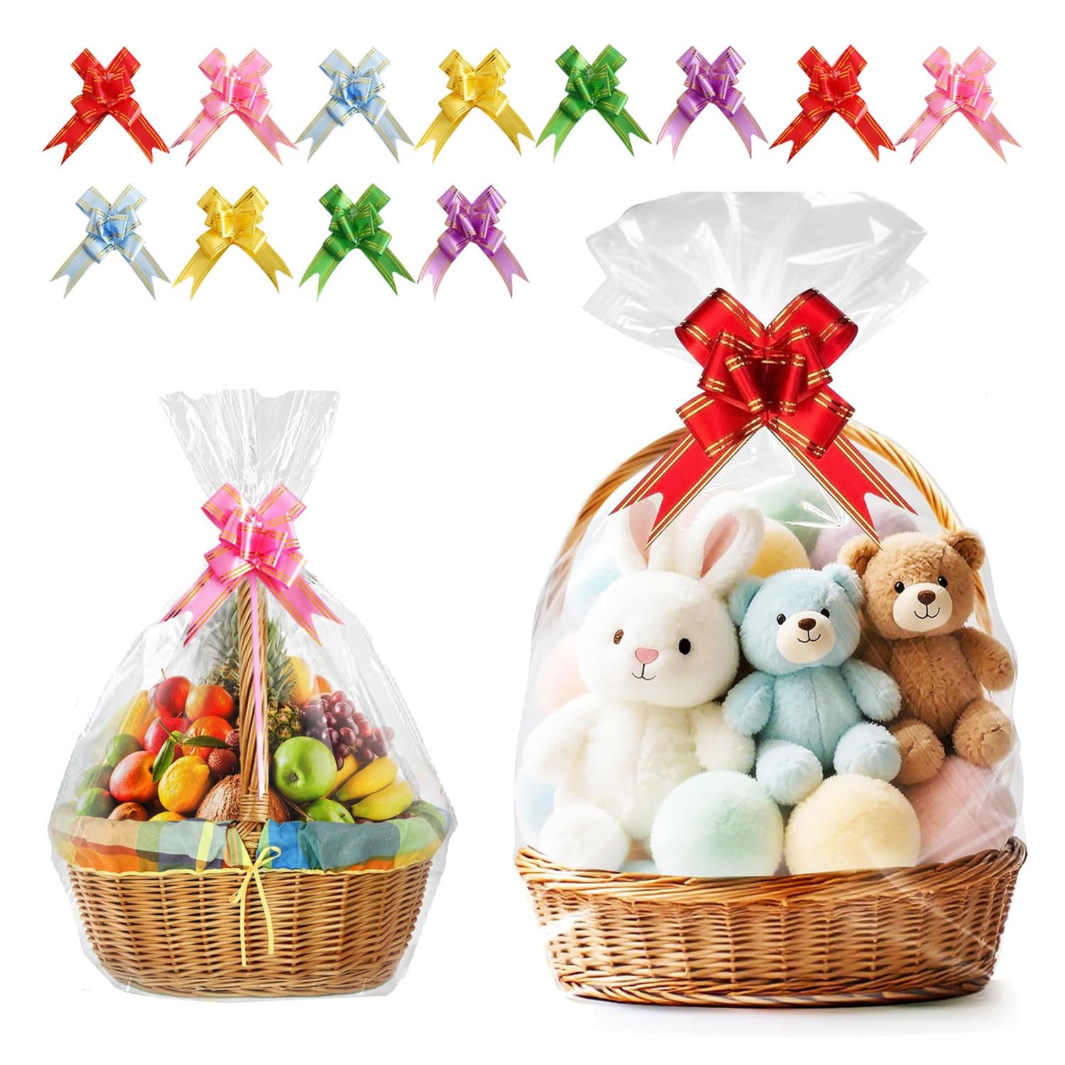 12PCS Assorted Size Christmas Cellophane Bags With Pull Bows Set, 4 Pcs 39.3X29.5inch Extra and 8 Pack 27.5X19.6inch Large Clear Cellophane Wrap for hampers Present,Easter Xmas Gift Basket Making