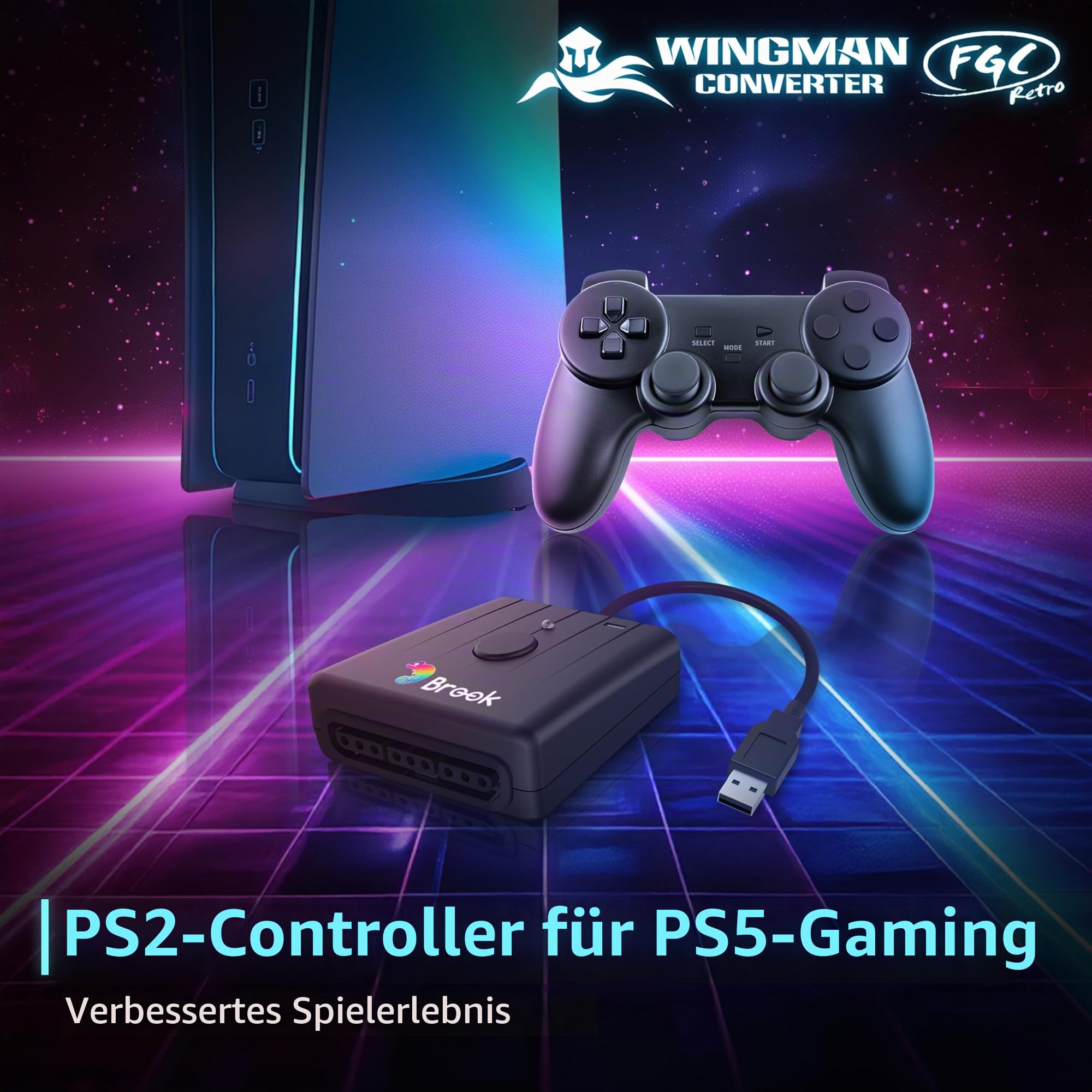 Brook FGC Retro - PS1 & PS2 Controller für PS5, PS4, PC - Turbo, Remap, Makro - X-Eingang - Kompatibel mit Tanzmatte, Arcade Sticks, Rhythmus Game Controllern