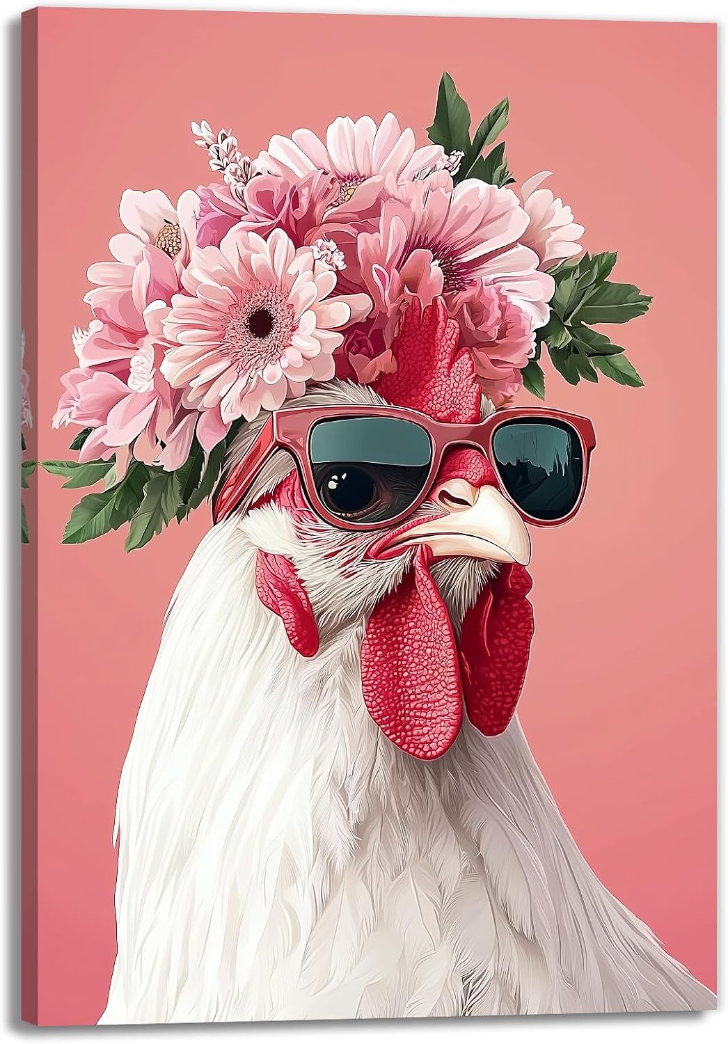 GLOKAKA Funny Chicken Canvas Wall Art Floral-Embellished Poultry Decor Whimsical Animal Portrait Painting for Kitchen Living Room Farmhouse Fun Decor-12 x18