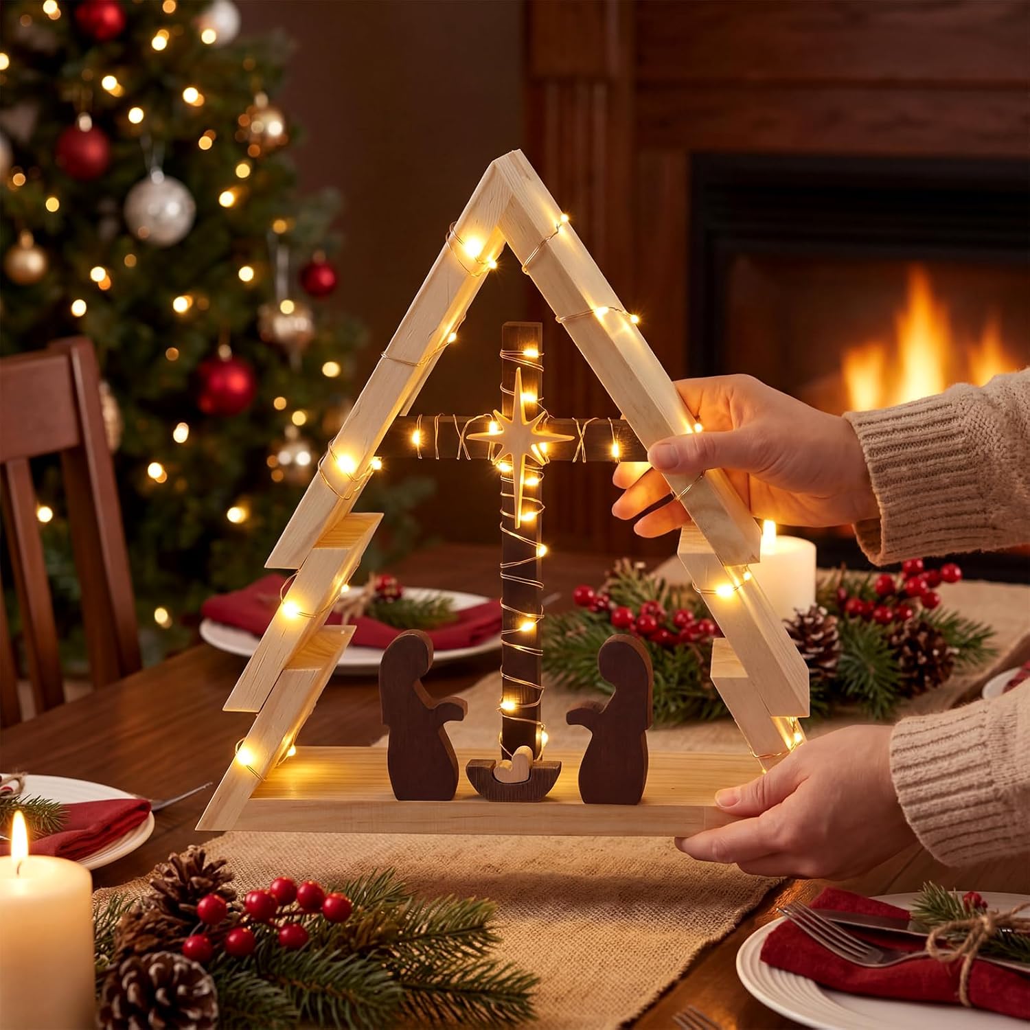 RattanView 11.8 x 7.8 in Lighted Nativity Scene Wooden Tree Shape Tabletop | Jesus Manger with Warm LED Lights, Tree Frame Design for Mantel Shelf Desk, Indoor Tabletop Christmas Holiday Decoration