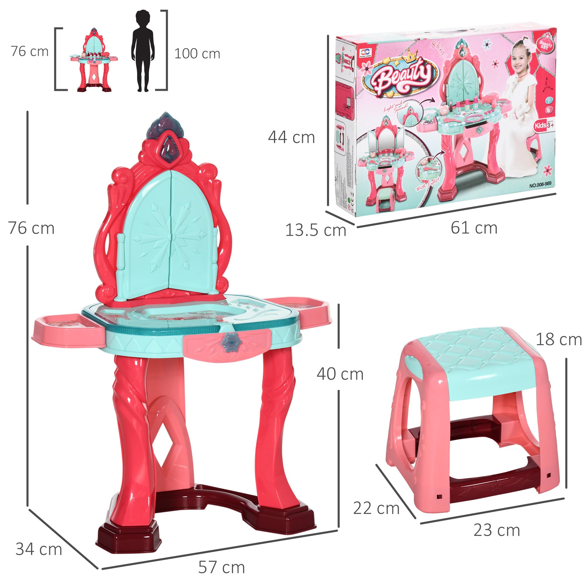 AIYAPLAY Tavolino Toeletta per Bambine con Sgabello, Specchio, Luci e Accessori, Tavolo da Trucco in PP e GPPS, 57x34x76 cm, Blu Rosa e Rosso