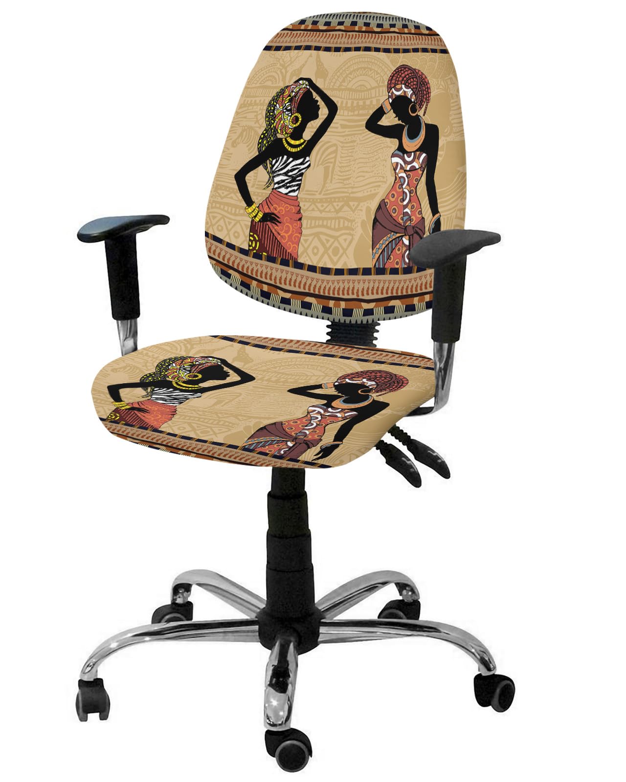 Jolunifun African Women Office Chair Covers Stretchable 2 Piece, Soft Decorative Computer Desk Chair Cover Protector Universal Rotating Chair Slipcover Native American Indian Rustic Tribal Ethnic