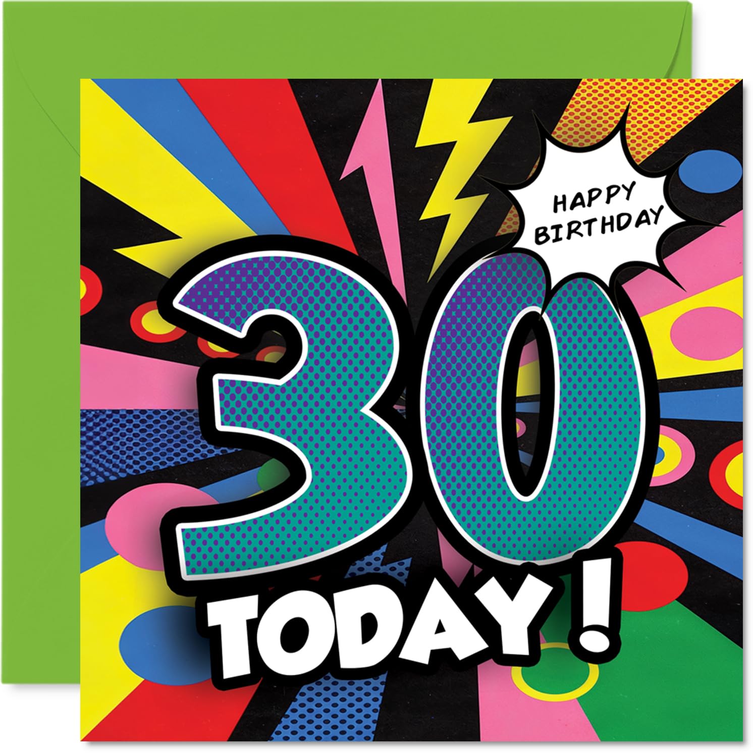 Milestone 30th Birthday Card - Bursting with Birthday Cheer - Bold '30 TODAY!' Design in Vibrant Multicolours - A Lively Way to Mark the Big 3-0 - 145mm Square, Envelope Included